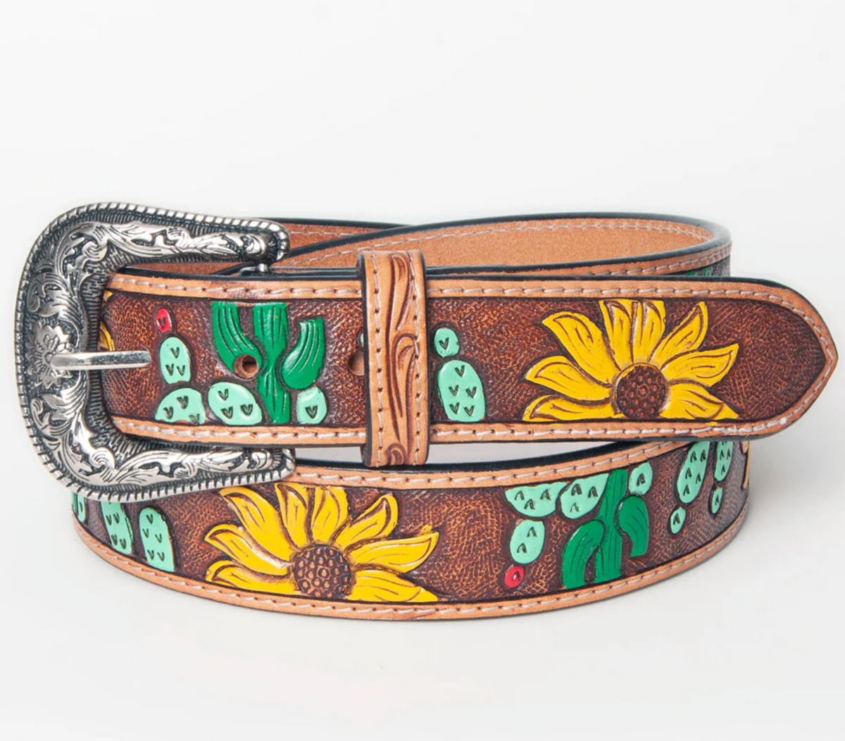 Hand Tooled Sunflower Western Leather Belt