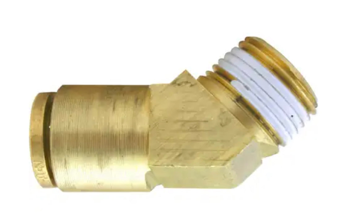 Conector macho rígido de latón de 45°, freno de aire, conexión a presión, 1/4 pulg. x 1/8 pulg.