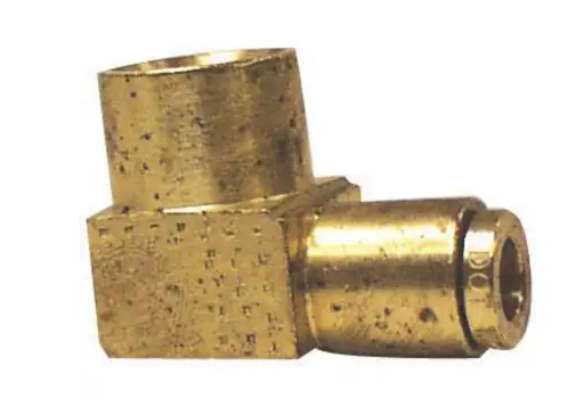 Conector hembra de latón de 90°, freno de aire, conexión a presión, 1/4 pulg. x 1/4 pulg.