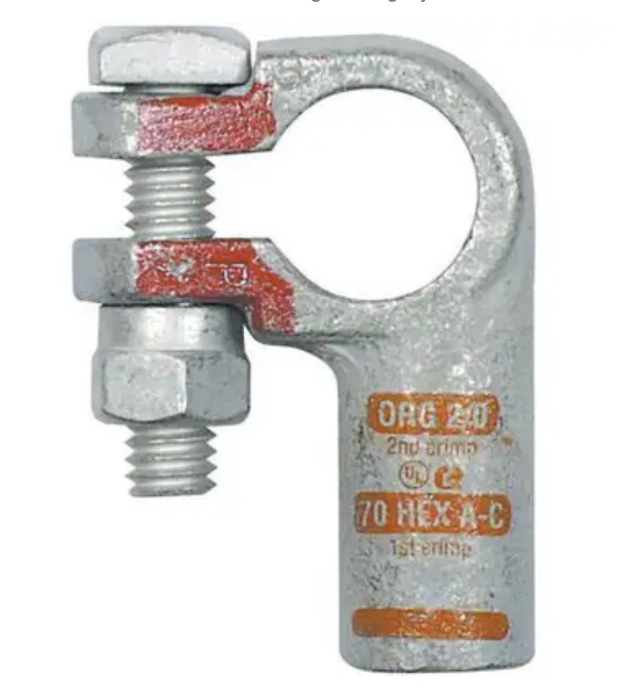 Terminal de batería Imperial 2/0 AWG; Polaridad positiva; Terminal de codo izquierdo; Naranja