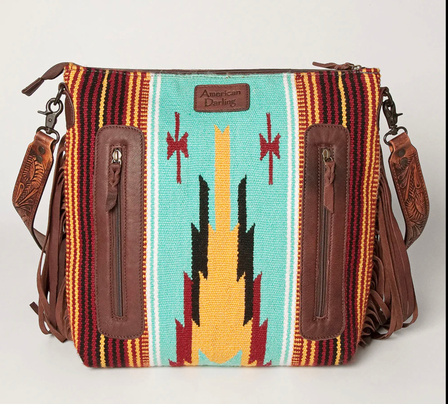 Sunflower Tooled Leather & Turquoise Wool Western Fringe Crossbody Bag