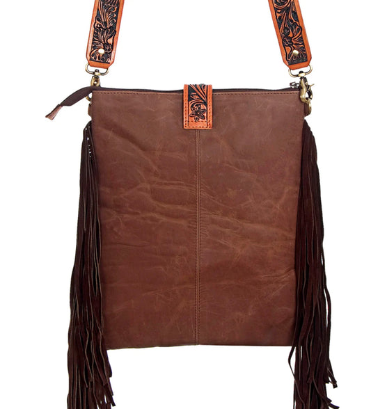 Hand Tooled Floral Leather & Hair-on Cowhide Crossbody Bag