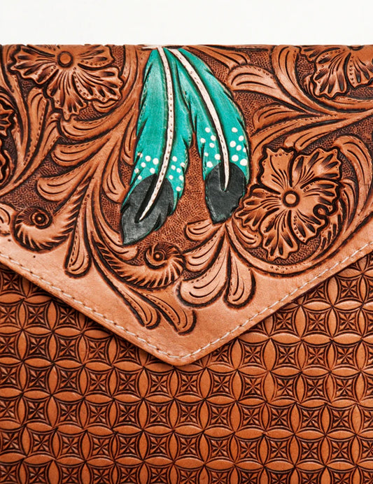 Hand Tooled Floral Carved Leather Envelope with Fringes