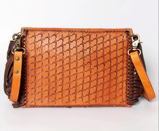 Hand Tooled Floral Carved Leather Fringe Envelope Women
