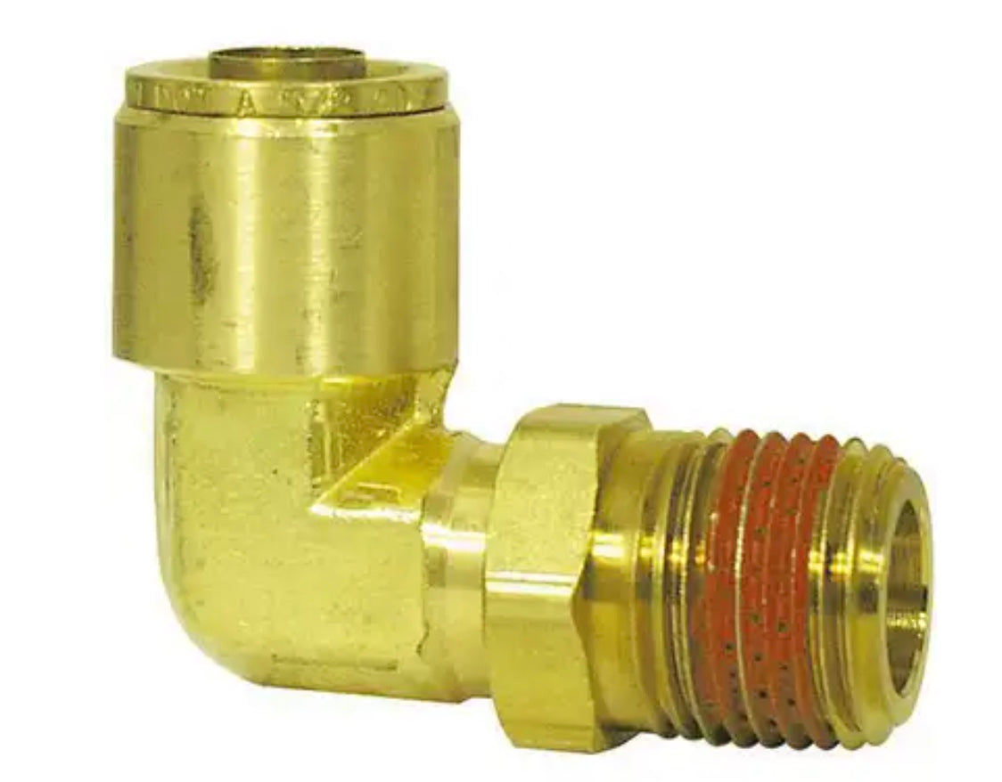 Conector macho giratorio de 90° de latón, conexión a presión DOT, 3/4 pulg. x 1/2 pulg. - 91387