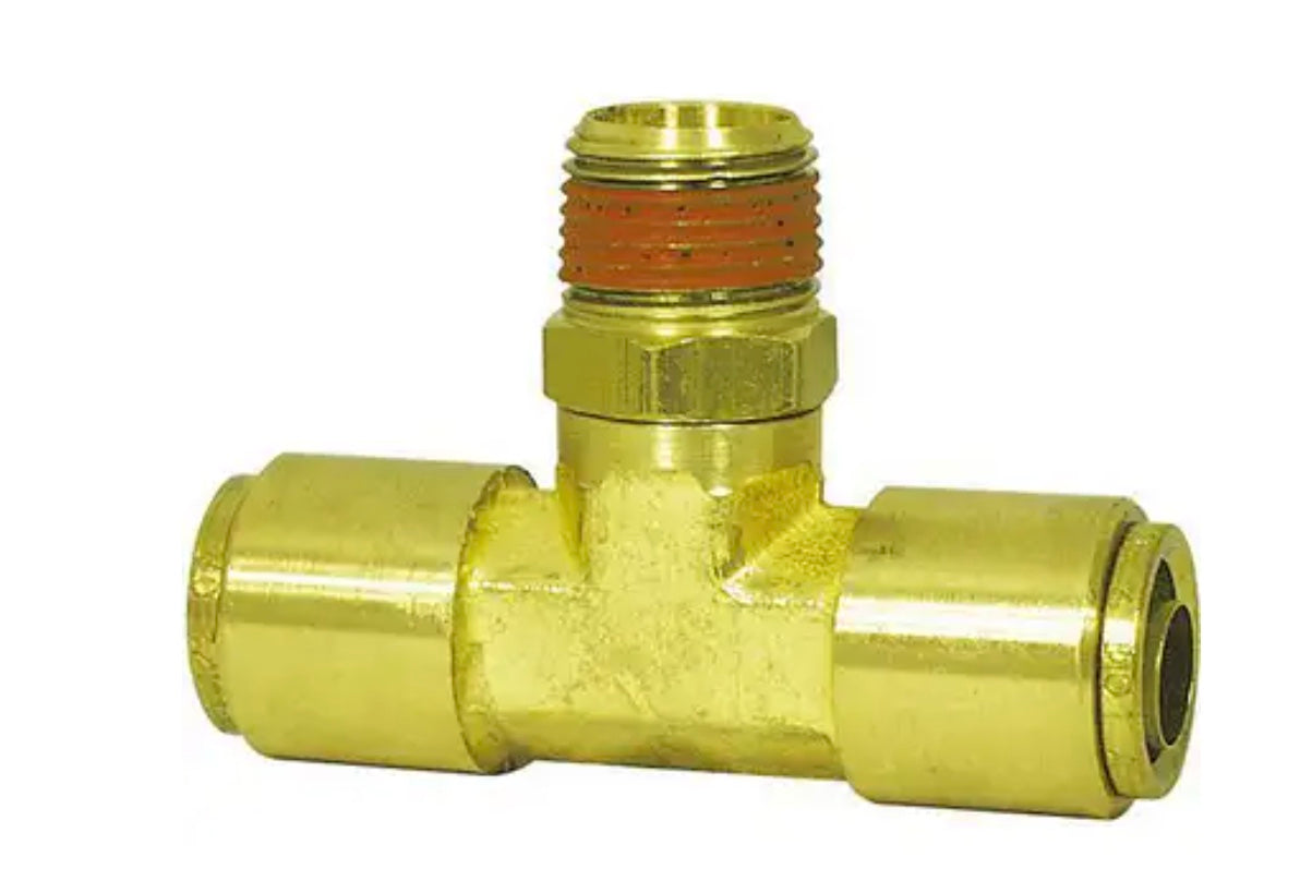 Conector en T giratorio macho de latón, conexión a presión para freno de aire, 1/2 pulg. x 1/2 pulg. x 3/8 pulg. - 91259
