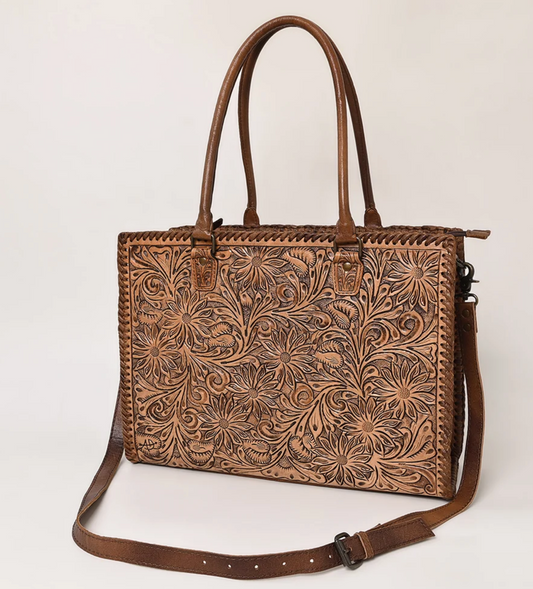 HAND TOOLED FLORAL CARVED BRAIDED PURSE