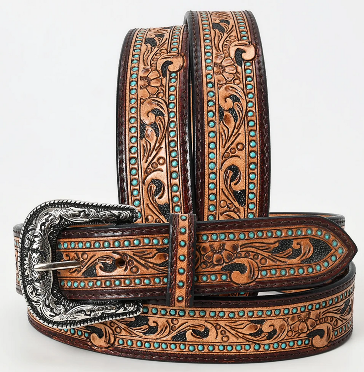 TOOLED LEATHER WESTERN BELT WITH TURQUOISE ACCENTS