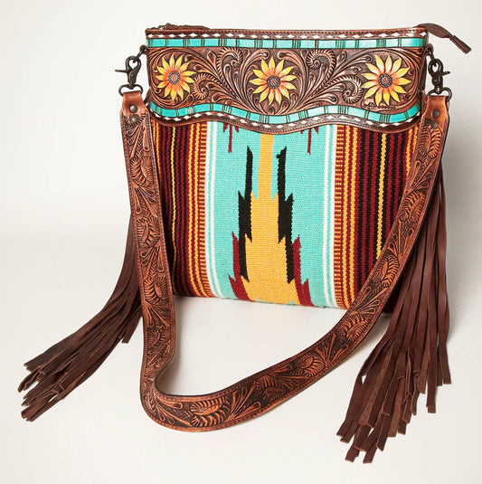 Sunflower Tooled Leather & Turquoise Wool Western Fringe Crossbody Bag