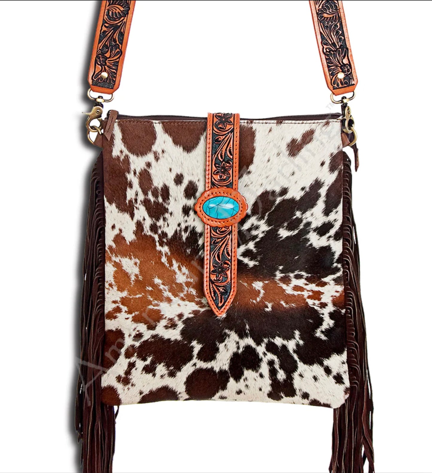 Hand Tooled Floral Leather & Hair-on Cowhide Crossbody Bag