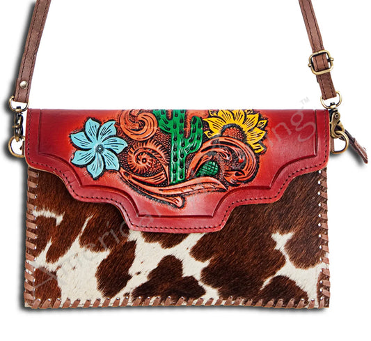 Red Floral & Hair-On Cowhide Leather Envelope Crossbody