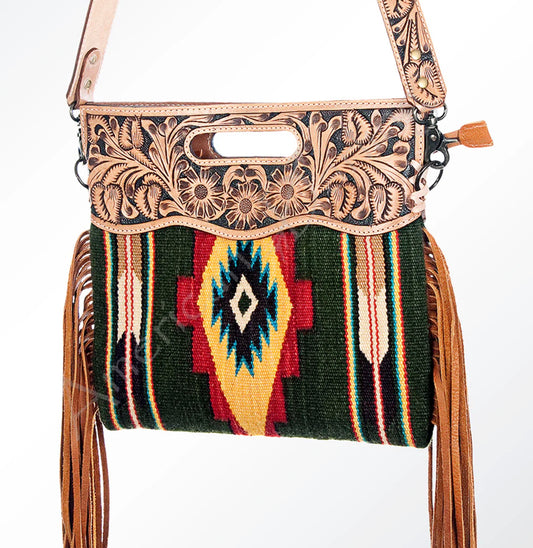 Aztec Wool Crossbody Bag with Hand Tooled Leather & Fringe