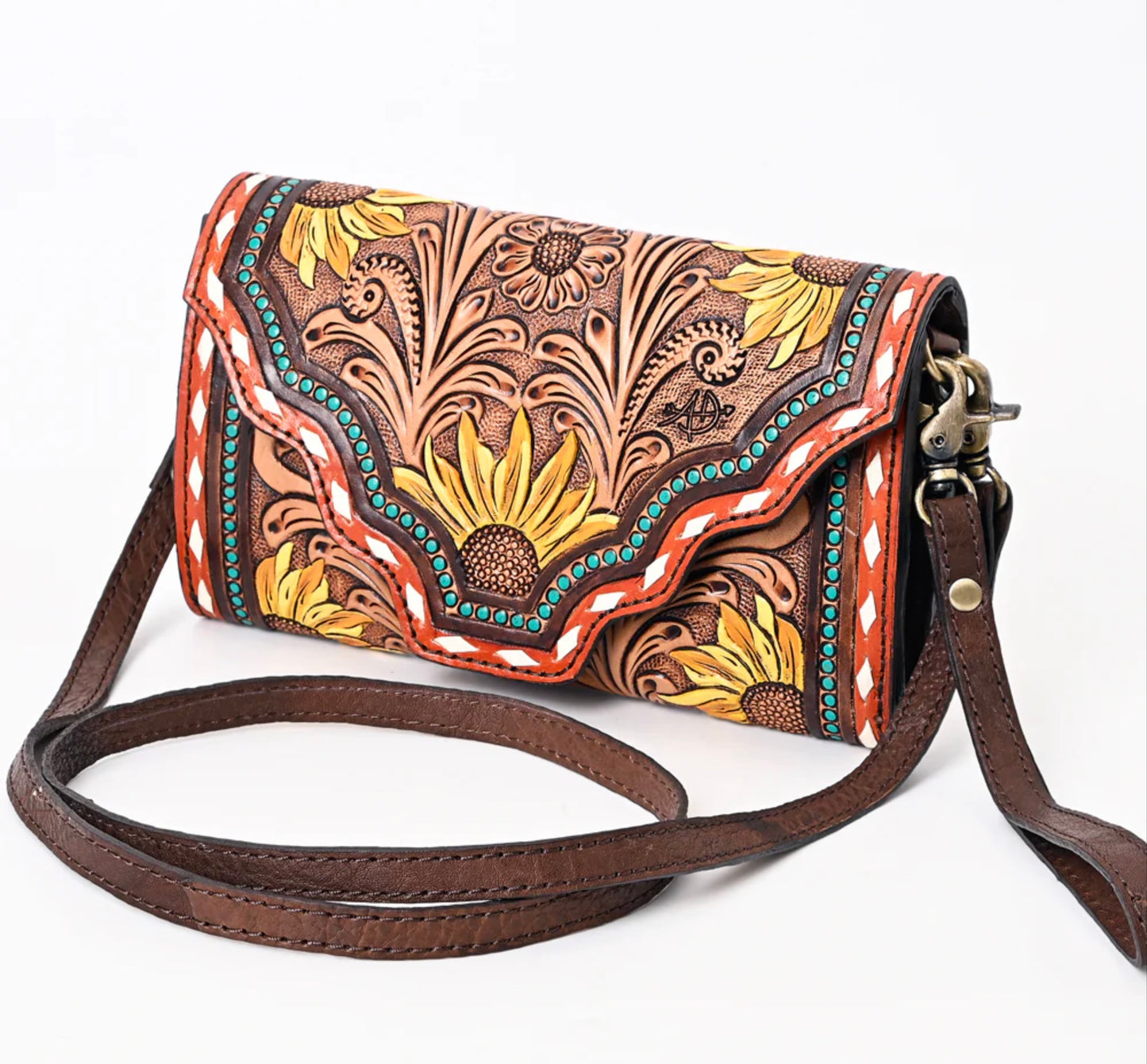 American Darling Hand Tooled Floral Carved Genuine Leather Small Cross body Bag