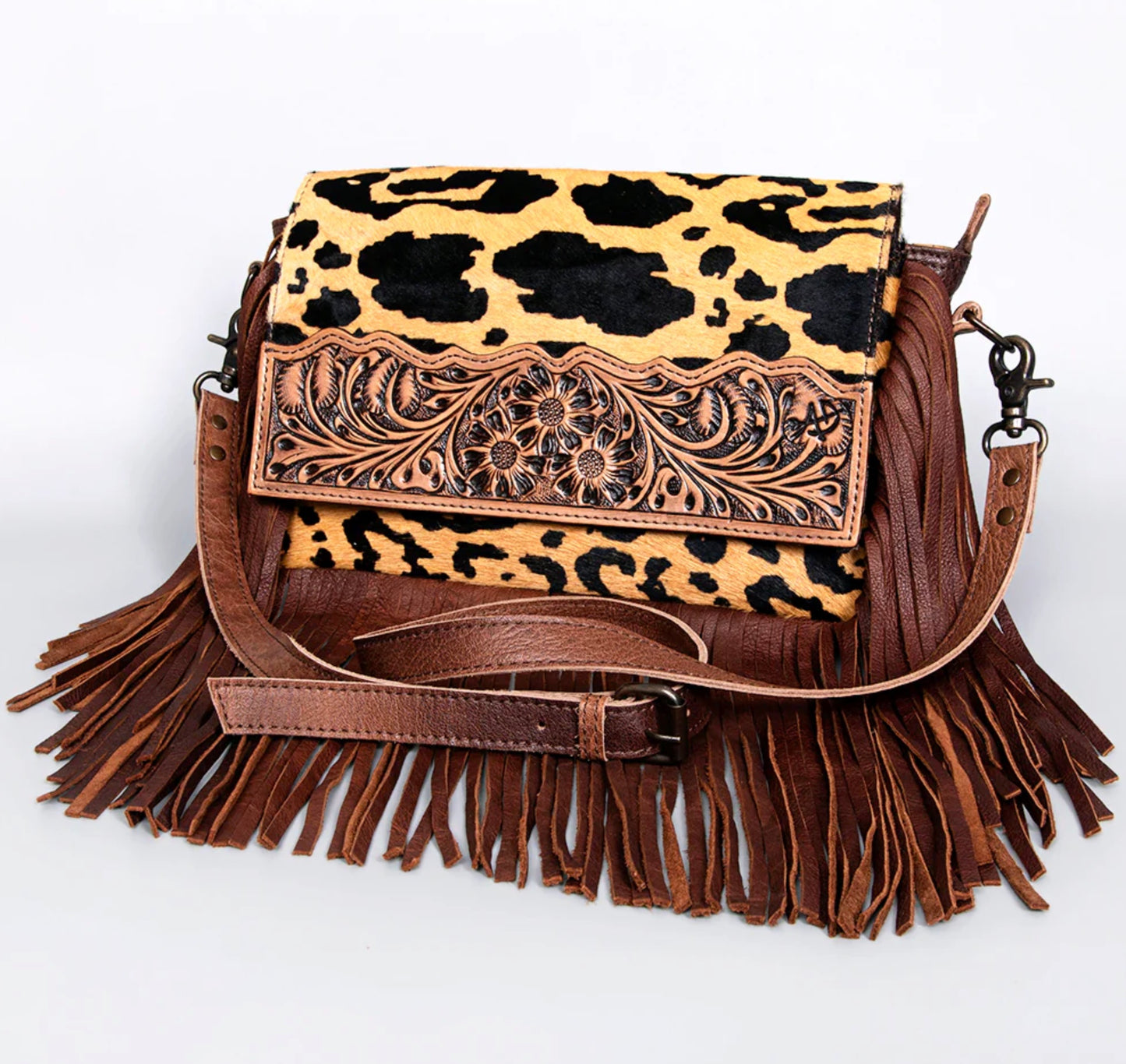 Hair-On Cowhide Leather Fringe Crossbody with Hand-Tooled Floral Flap