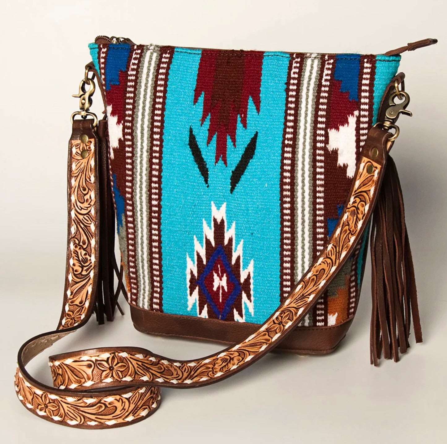 Fringed Saddle Blanket Hand Tooled Large Cross body Bag
