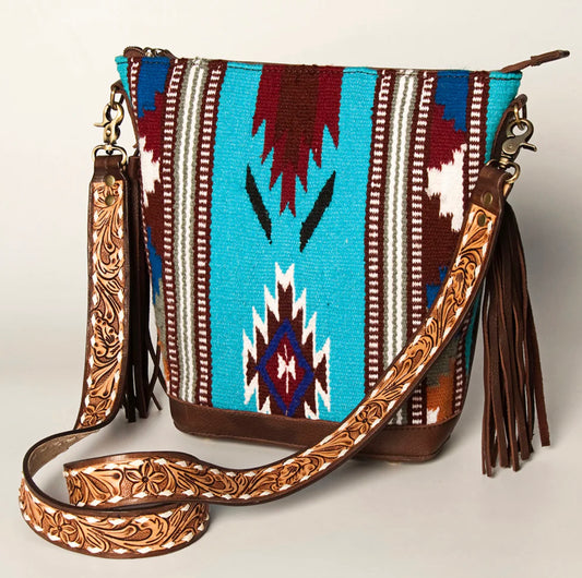 Fringed Saddle Blanket Hand Tooled Large Cross body Bag