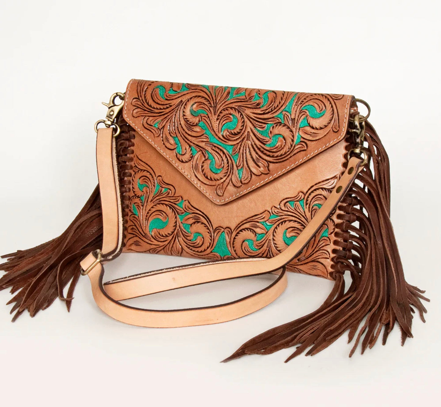 Hand Tooled Floral Carved Leather Envelope with Fringes