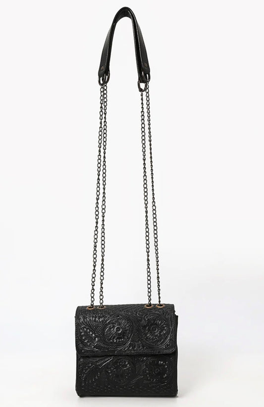 Black Tooled Leather Chain Crossbody Bag by American Darling