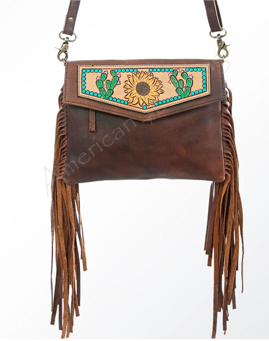 American Darling Hand Tooled Floral Carved Leather Fringe Envelope Bag