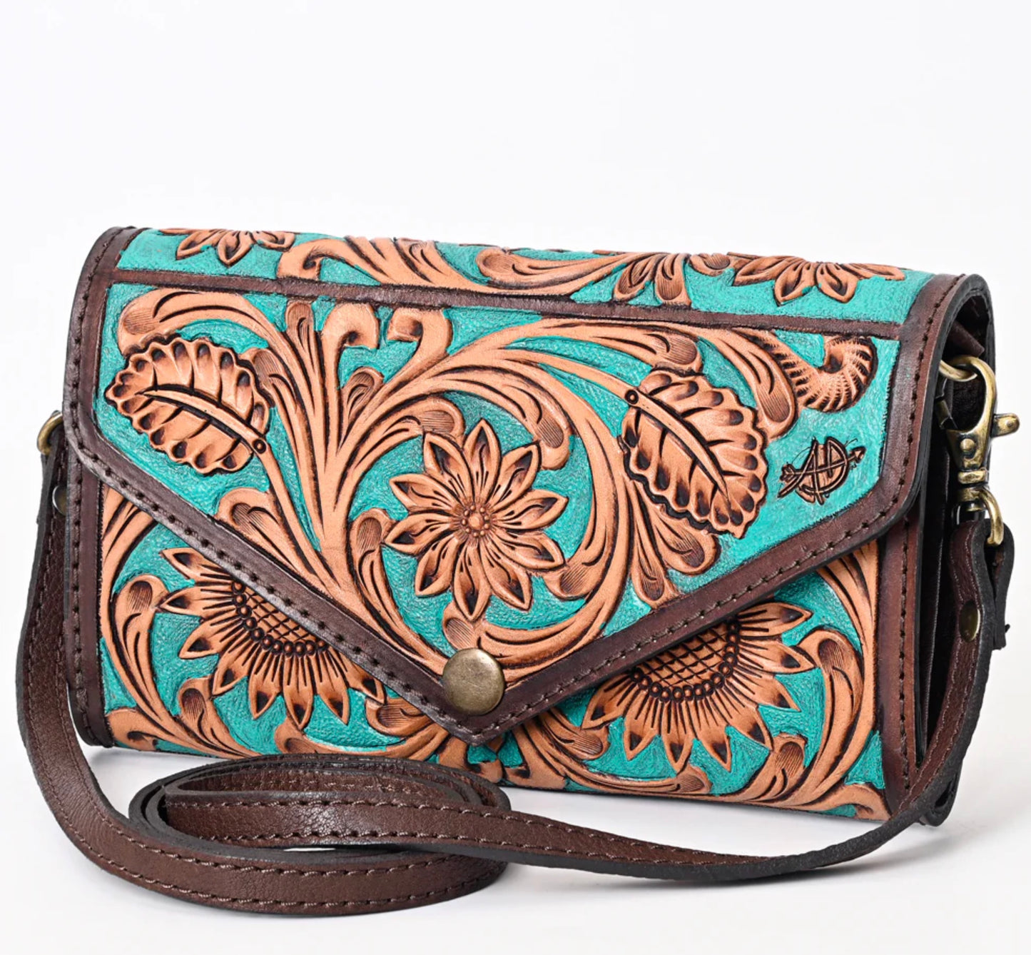Turquoise Hand-Tooled Leather Envelope Bag Genuine Western Style