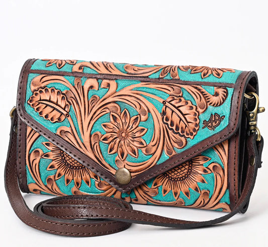 Turquoise Hand-Tooled Leather Envelope Bag Genuine Western Style