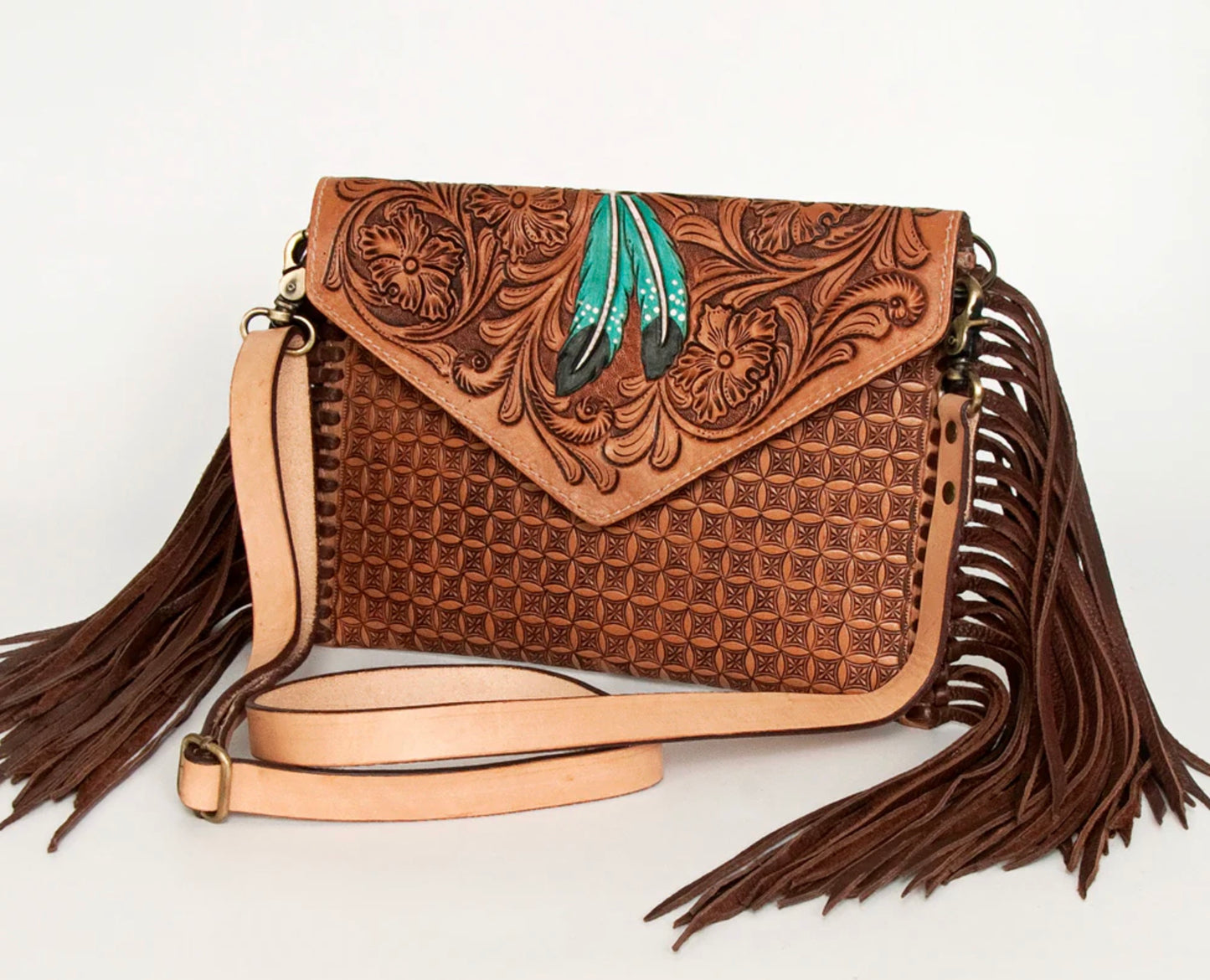 Hand Tooled Floral Carved Leather Envelope with Fringes