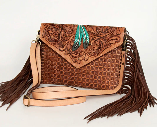 Hand Tooled Floral Carved Leather Envelope with Fringes
