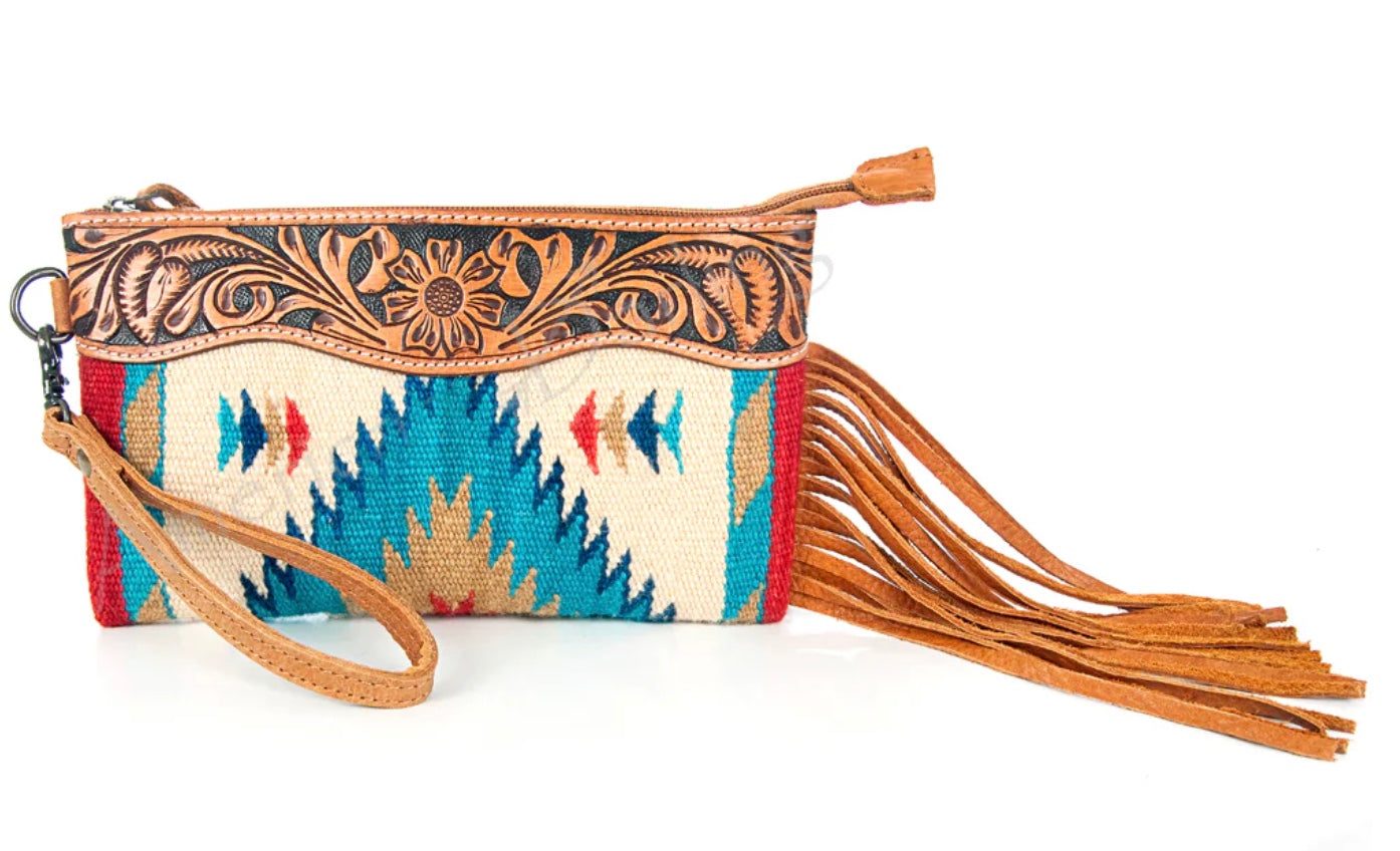 Western Leather Wristlet Bag w/Hand Tooled Floral Carving & Saddle Blanket