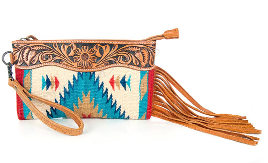 Western Leather Wristlet Bag w/Hand Tooled Floral Carving & Saddle Blanket
