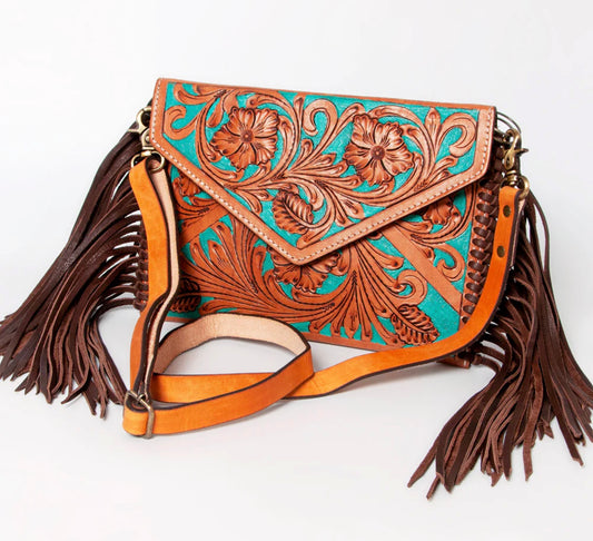 Hand Tooled Floral Carved Leather Fringe Envelope Women