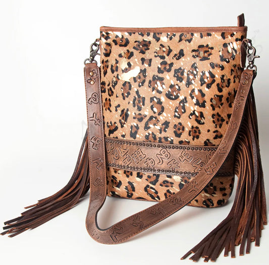 Hand Tooled Leather Large Cross body Bag Cheetah