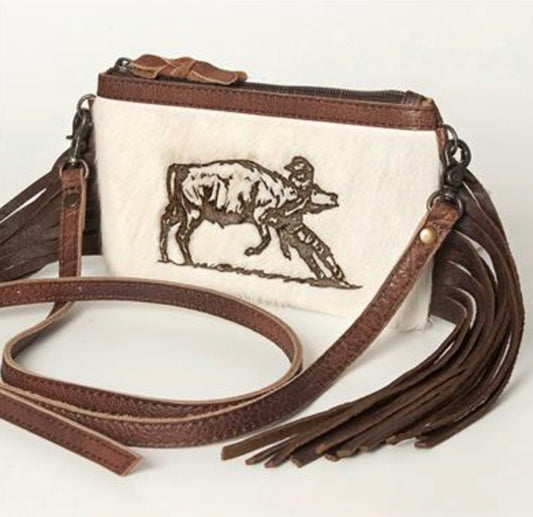 Western Rodeo Crossbody - Hair-On Leather Bag with Steer Wrestling Print & Fringe