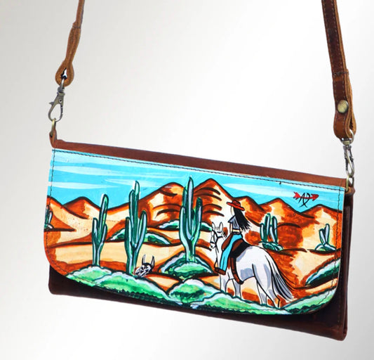 Hand-Painted Leather Crossbody Clutch Western