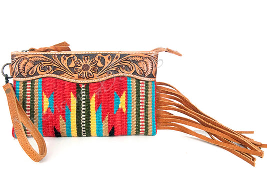 Leather Wristlet Bag with Hand Tooled Floral Carving & Saddle Blanket