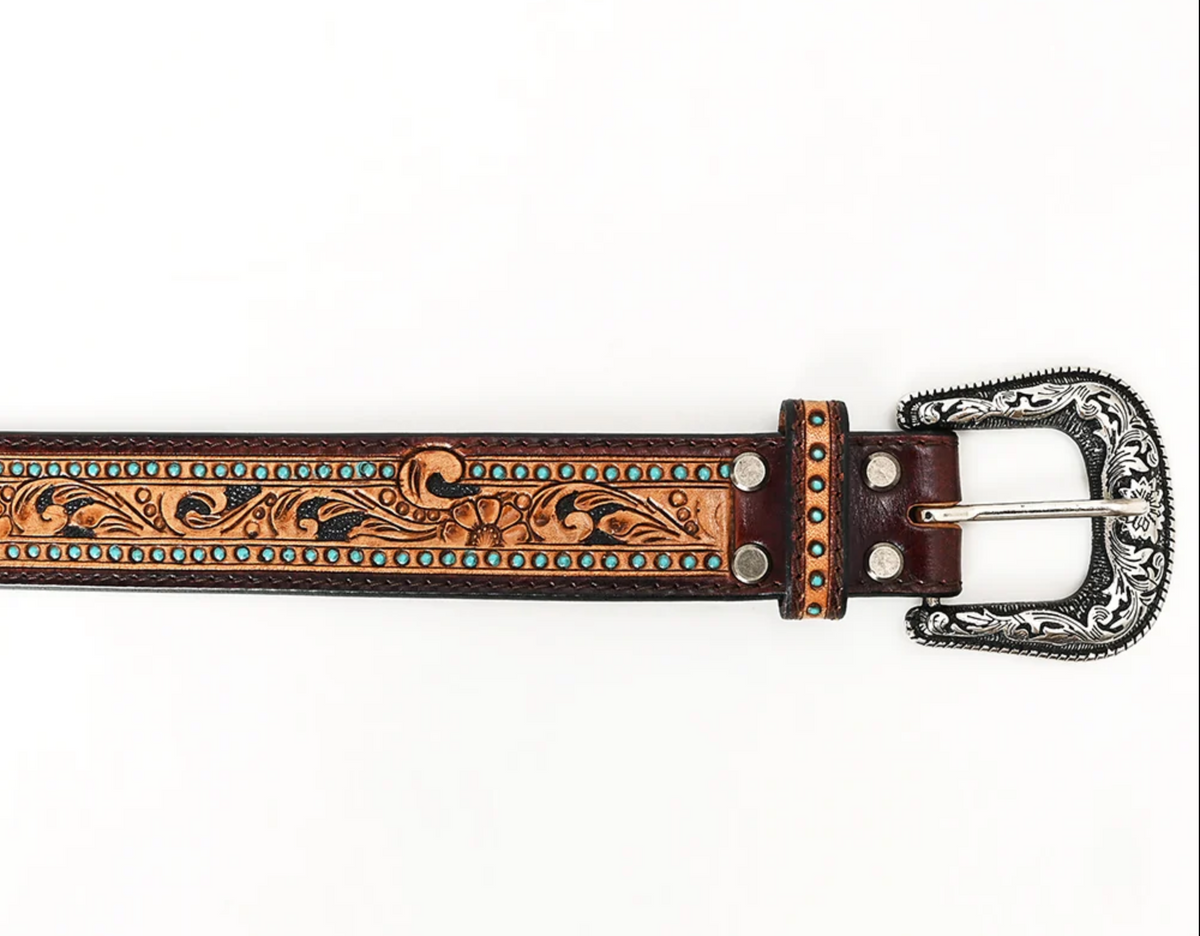 TOOLED LEATHER WESTERN BELT WITH TURQUOISE ACCENTS