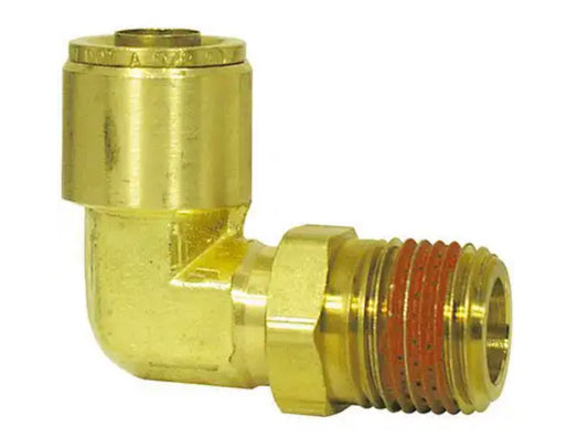 Codo macho de conexión a presión para frenos de aire de latón, aprobado por DOT, 90 grados, diámetro exterior del tubo de 3/8 pulg. x rosca de tubería de 1/2 pulg.