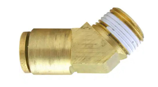 Conector macho rígido de latón de 45°, freno de aire, conexión a presión, 3/8 pulg. x 1/4 pulg.