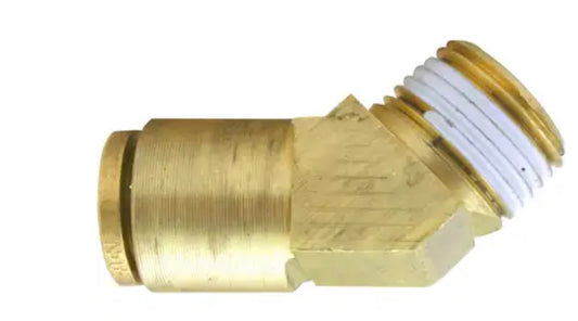 Conector macho rígido de latón de 45°, freno de aire, conexión a presión, 1/2 pulg. x 3/8 pulg.