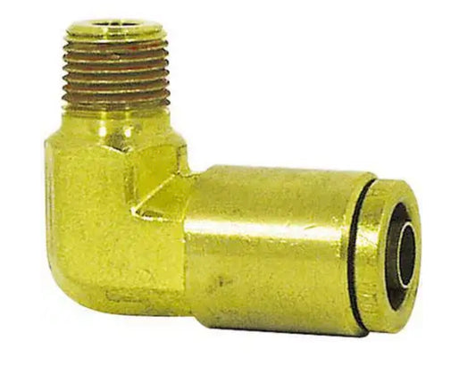 Codo macho de conexión a presión para frenos de aire de latón, aprobado por DOT, 90 grados, diámetro exterior del tubo de 3/4 pulg. x rosca de tubería de 3/4 pulg.