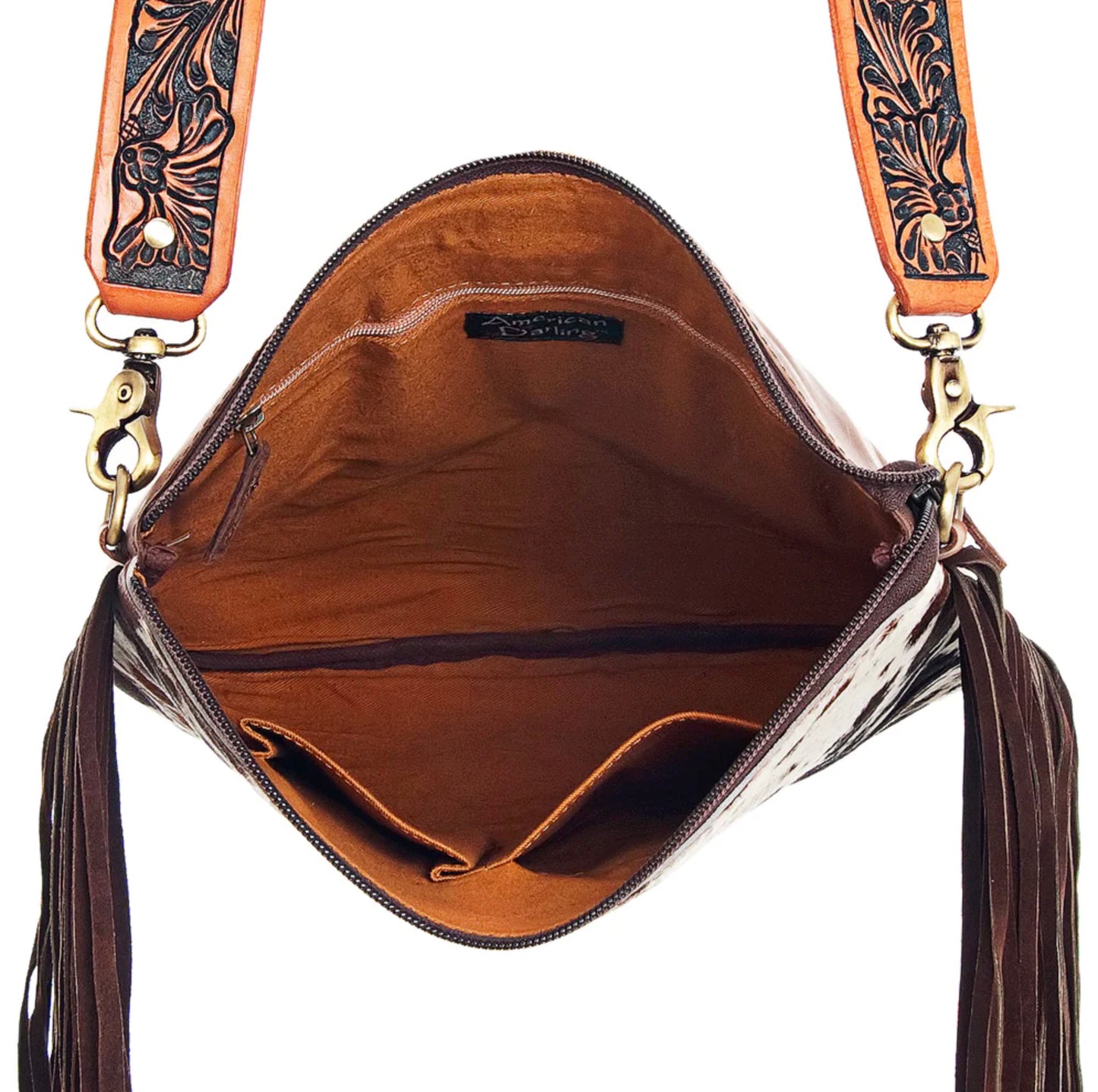 Hand Tooled Floral Leather & Hair-on Cowhide Crossbody Bag