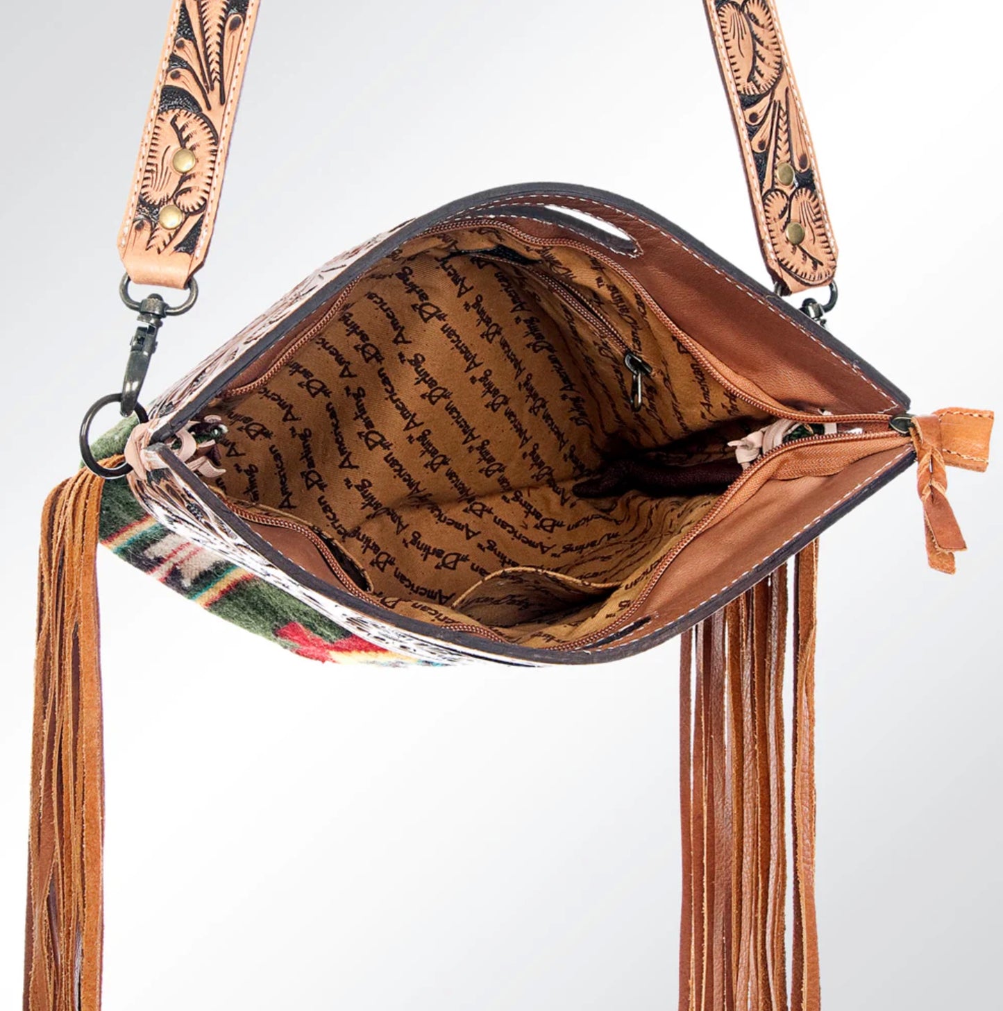 Aztec Wool Crossbody Bag with Hand Tooled Leather & Fringe