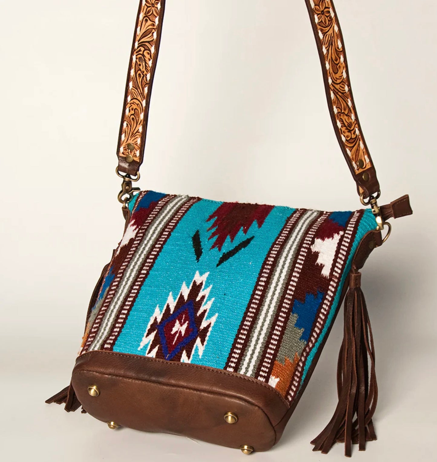 Fringed Saddle Blanket Hand Tooled Large Cross body Bag