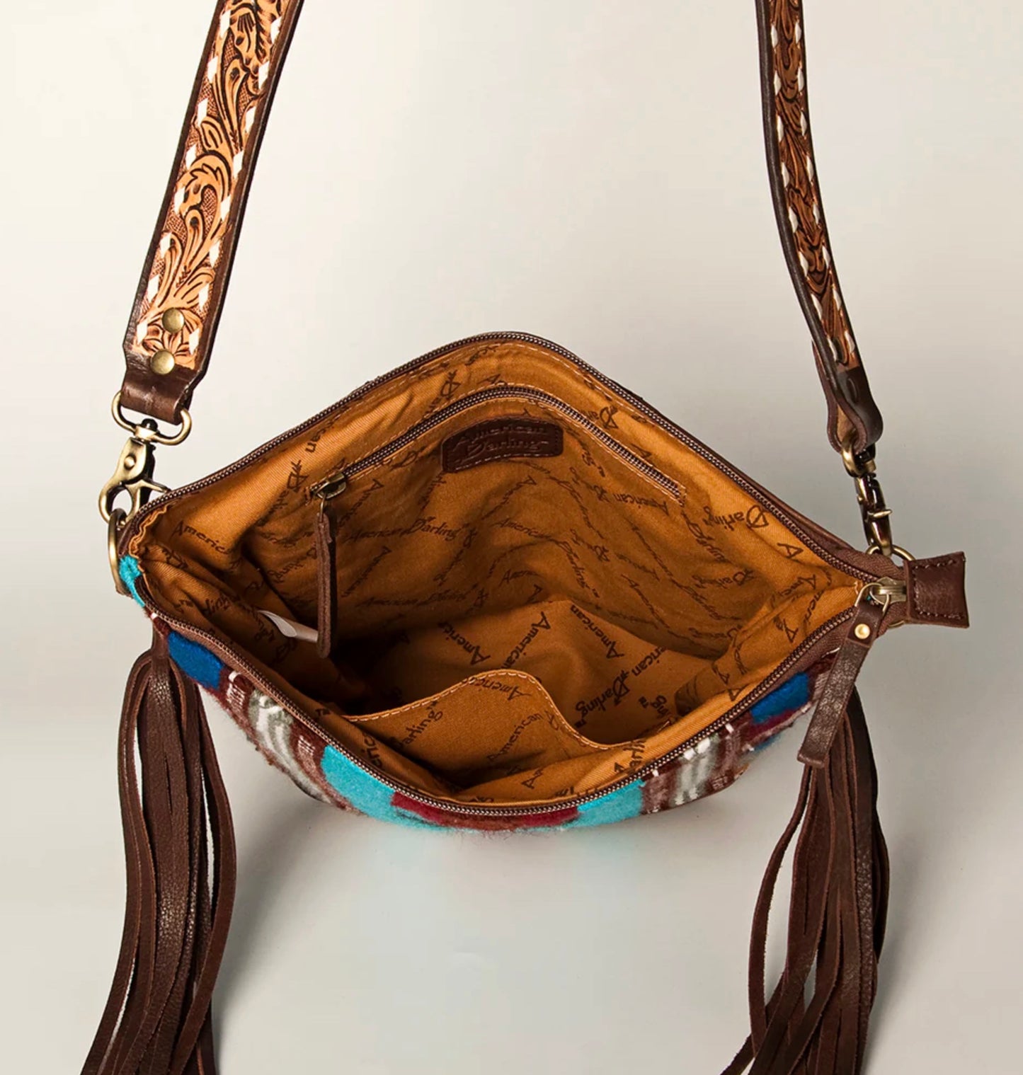 Fringed Saddle Blanket Hand Tooled Large Cross body Bag