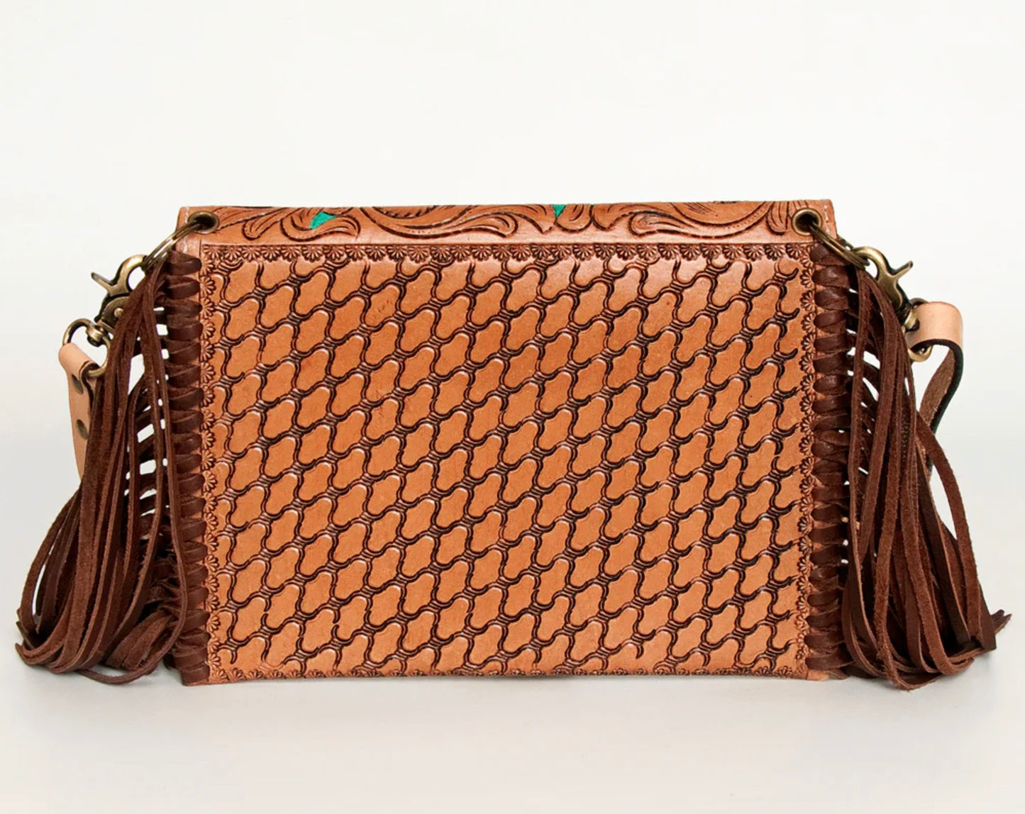 Hand Tooled Floral Carved Leather Envelope with Fringes