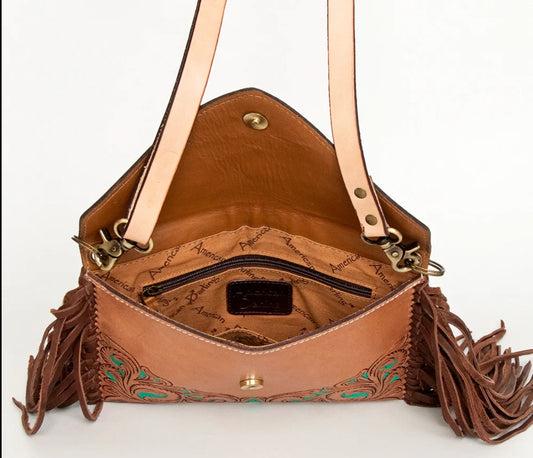 Hand Tooled Floral Carved Leather Envelope with Fringes