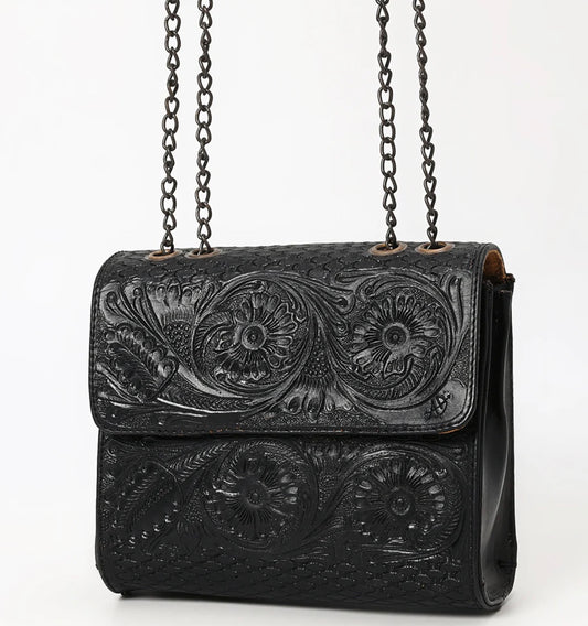 Black Tooled Leather Chain Crossbody Bag by American Darling