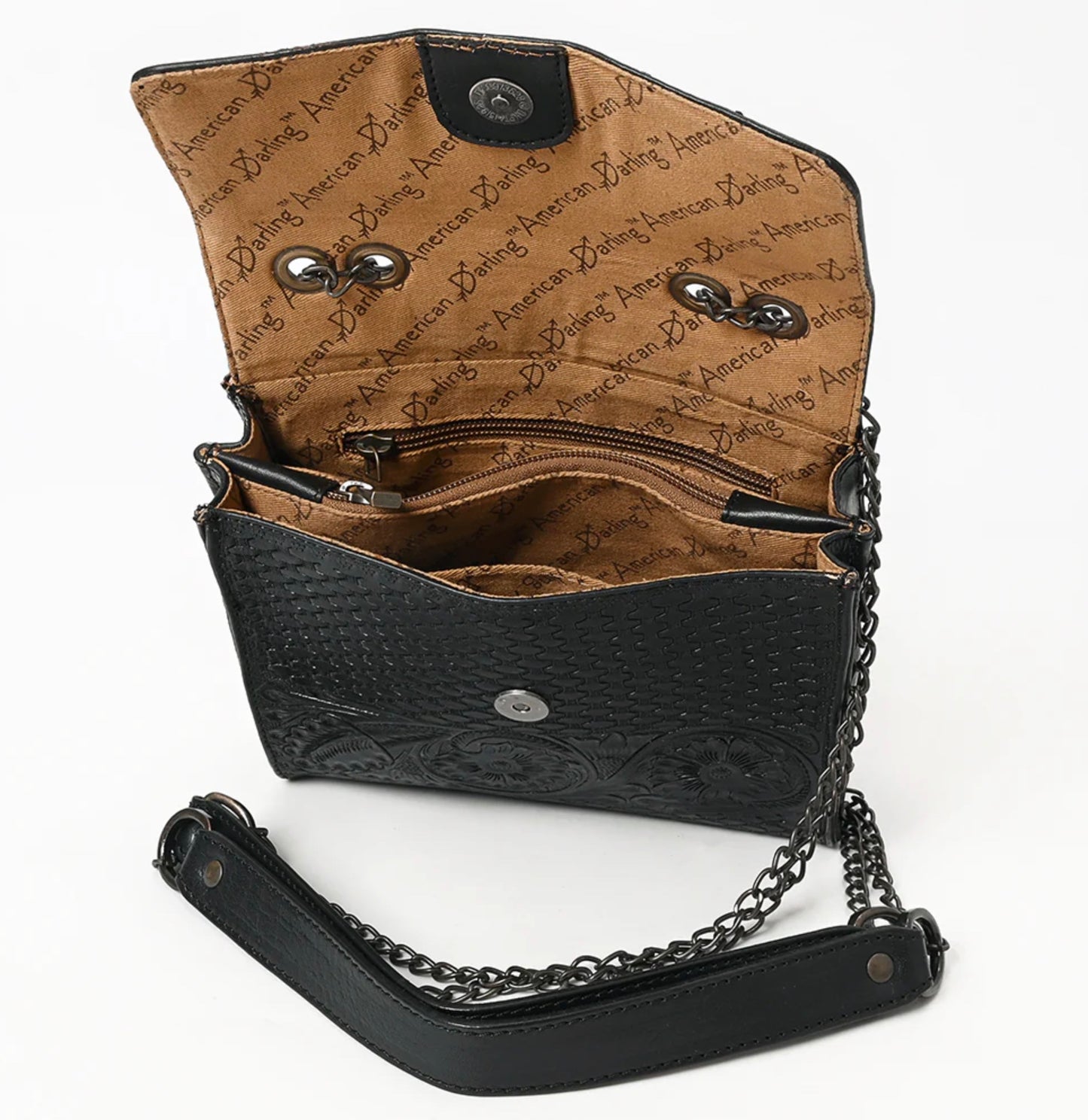 Black Tooled Leather Chain Crossbody Bag by American Darling