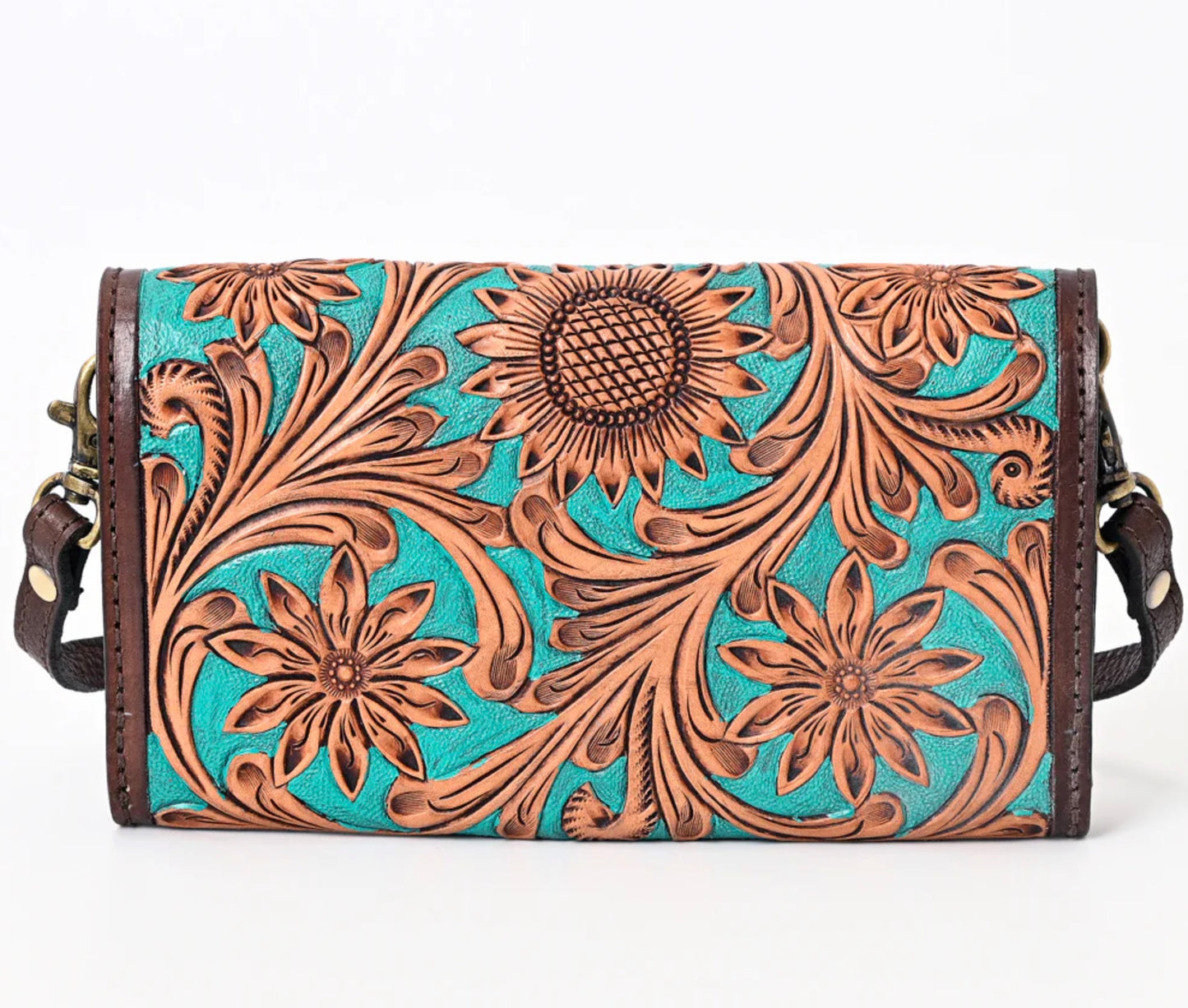 Turquoise Hand-Tooled Leather Envelope Bag Genuine Western Style