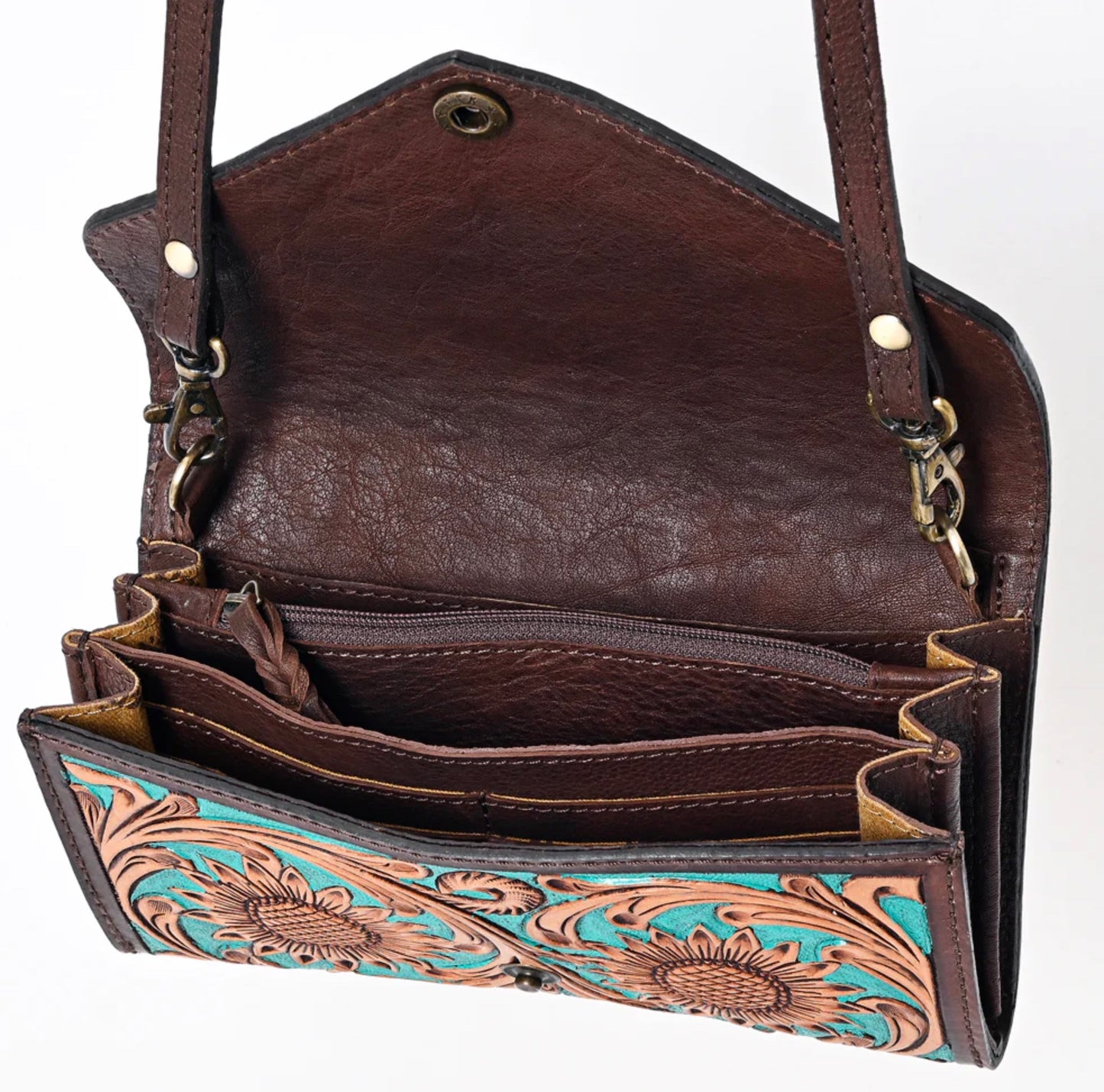 Turquoise Hand-Tooled Leather Envelope Bag Genuine Western Style