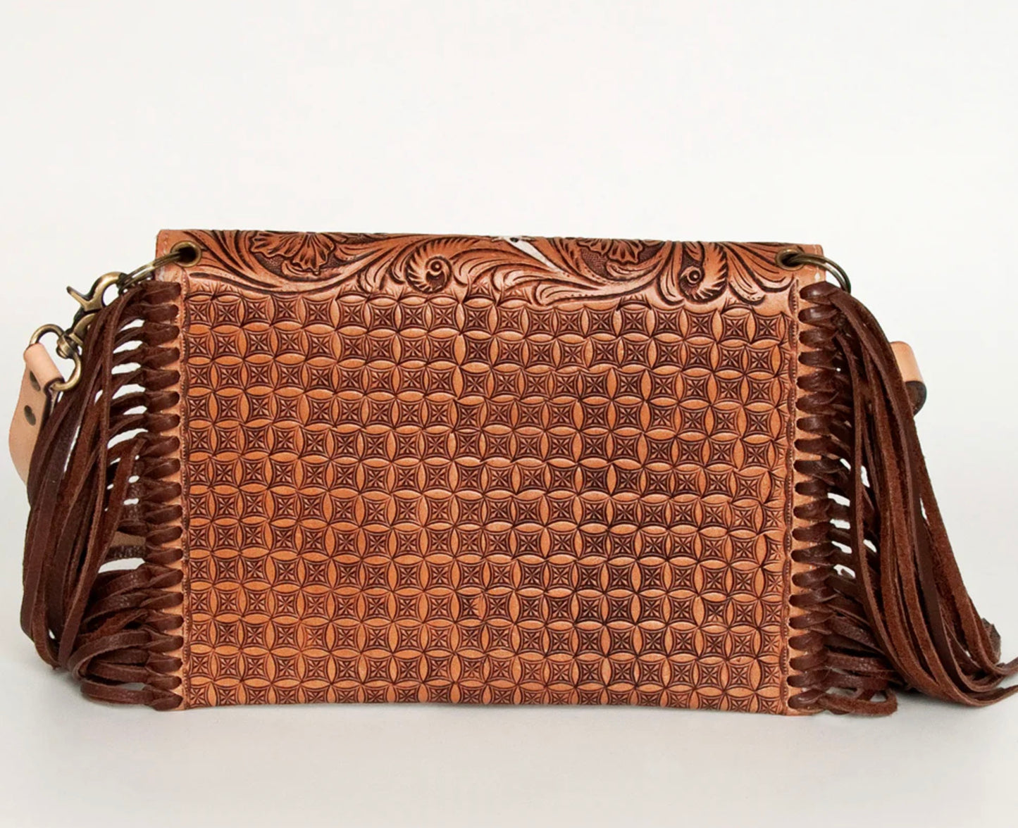 Hand Tooled Floral Carved Leather Envelope with Fringes